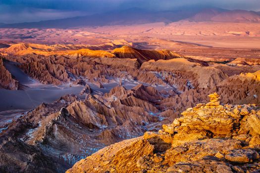 Peaceful Moon Valley dramatic landscape at Sunset, Atacama Desert, Chile