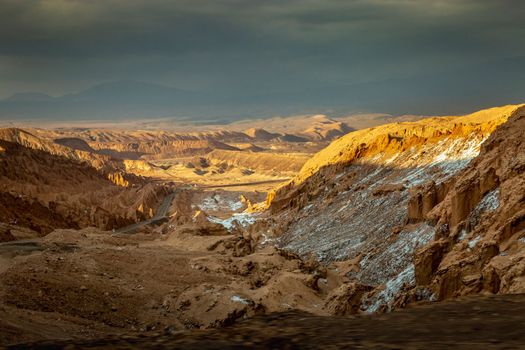 Peaceful Moon Valley dramatic landscape at Sunset, Atacama Desert, Chile