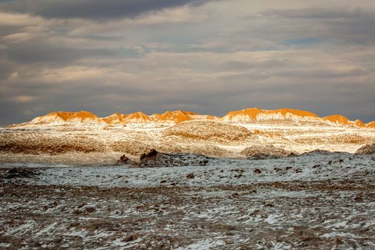 Peaceful Moon Valley dramatic landscape at Sunset, Atacama Desert, Chile