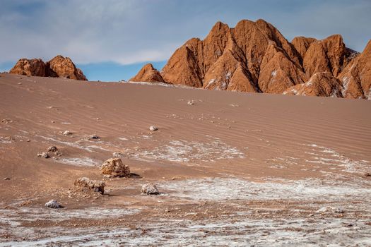 Peaceful Moon Valley dramatic landscape at Sunset, Atacama Desert, Chile