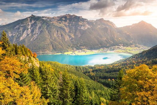 Achensee lake from above Tyrol Karwendel alps at idyllic autumn near Innsbruck, Austria