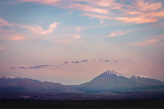 Licancabur and Peaceful dramatic volcanic landscape at Sunset, Atacama Desert, Chile