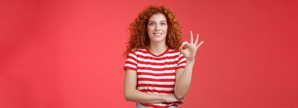 Excellent choice good. Attractive cheerful european redhead curly woman show okay ok approval gesture smiling toothy delighted satisfied awesome perfect service recommend product red background.