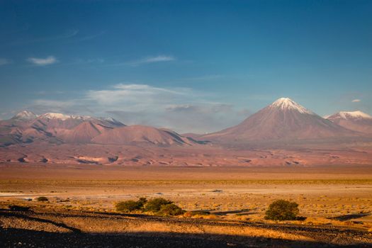 Licancabur and Peaceful dramatic volcanic landscape at Sunset, Atacama Desert, Chile