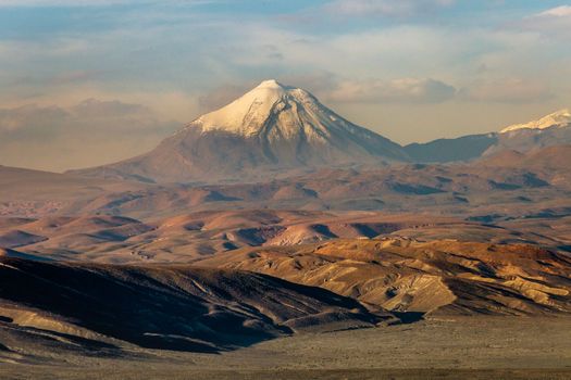 Licancabur and Peaceful dramatic volcanic landscape at Sunset, Atacama Desert, Chile