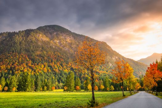 Road in Idyllic Karwendel alps at autumn, tyrol and bavarian alps border, Austria