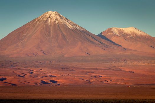Licancabur and Peaceful dramatic volcanic landscape at Sunset, Atacama Desert, Chile