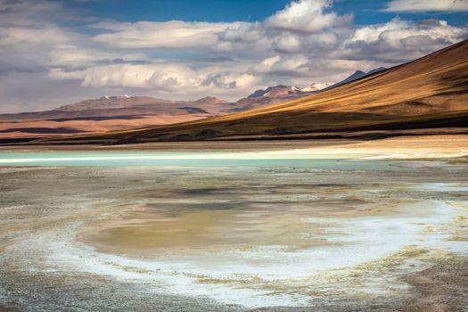 Salt lake reflection and idyllic volcanic landscape at Sunset, Atacama desert, Chile border with Bolivia