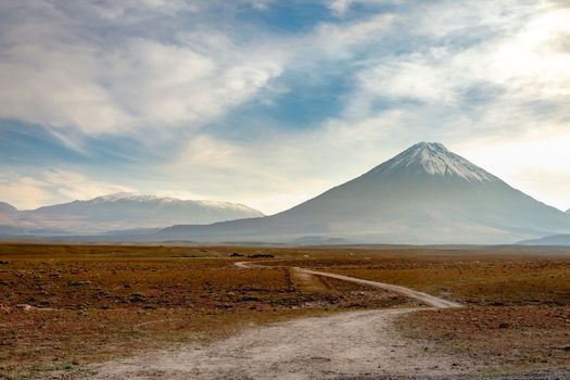 Licancabur and Peaceful dramatic volcanic landscape at Sunset, Atacama Desert, Chile