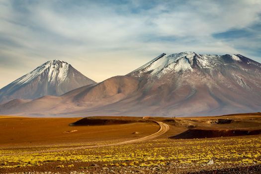 Licancabur and Peaceful dramatic volcanic landscape at Sunset, Atacama Desert, Chile