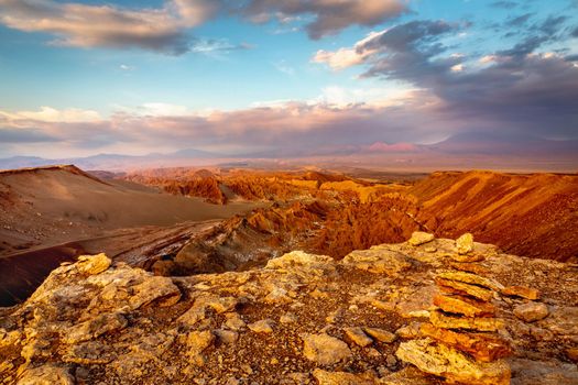 Peaceful Moon Valley dramatic landscape at Sunset, Atacama Desert, Chile