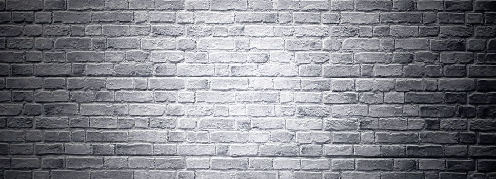 Brick wall, antique old grunge white grey texture wide panorama background.