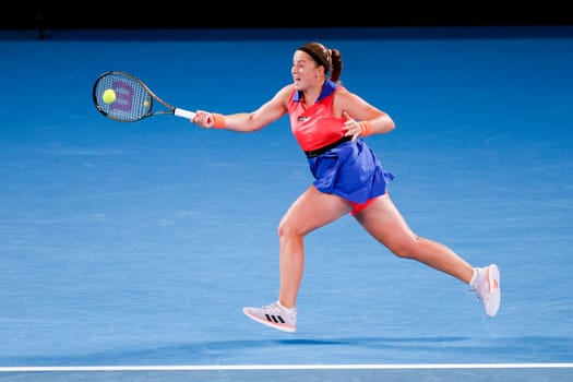 MELBOURNE, AUSTRALIA - JANUARY 24: Jelena Ostapenko of Latvia plays Elena Rybakina of Russia in quarter finals action on day 9 of the 2023 Australian Open at Melbourne Park on January 24, 2023 in Melbourne, Australia.