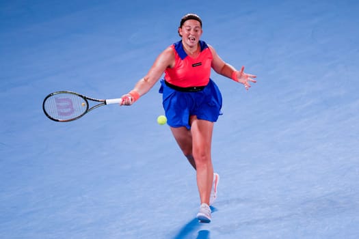MELBOURNE, AUSTRALIA - JANUARY 24: Jelena Ostapenko of Latvia plays Elena Rybakina of Russia in quarter finals action on day 9 of the 2023 Australian Open at Melbourne Park on January 24, 2023 in Melbourne, Australia.