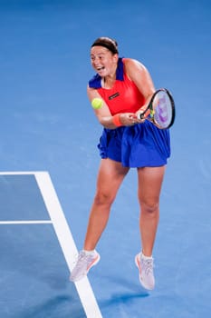 MELBOURNE, AUSTRALIA - JANUARY 24: Jelena Ostapenko of Latvia plays Elena Rybakina of Russia in quarter finals action on day 9 of the 2023 Australian Open at Melbourne Park on January 24, 2023 in Melbourne, Australia.