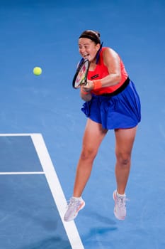 MELBOURNE, AUSTRALIA - JANUARY 24: Jelena Ostapenko of Latvia plays Elena Rybakina of Russia in quarter finals action on day 9 of the 2023 Australian Open at Melbourne Park on January 24, 2023 in Melbourne, Australia.