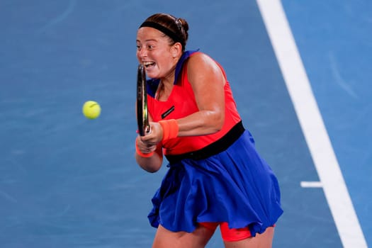 MELBOURNE, AUSTRALIA - JANUARY 24: Jelena Ostapenko of Latvia plays Elena Rybakina of Russia in quarter finals action on day 9 of the 2023 Australian Open at Melbourne Park on January 24, 2023 in Melbourne, Australia.