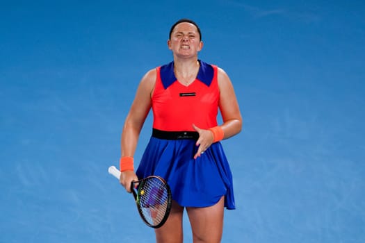 MELBOURNE, AUSTRALIA - JANUARY 24: Jelena Ostapenko of Latvia plays Elena Rybakina of Russia in quarter finals action on day 9 of the 2023 Australian Open at Melbourne Park on January 24, 2023 in Melbourne, Australia.