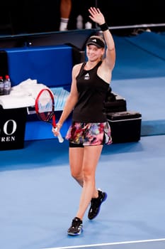 MELBOURNE, AUSTRALIA - JANUARY 24: Elena Rybakina of Russia plays Jelena Ostapenko of Latvia in quarter finals action on day 9 of the 2023 Australian Open at Melbourne Park on January 24, 2023 in Melbourne, Australia.