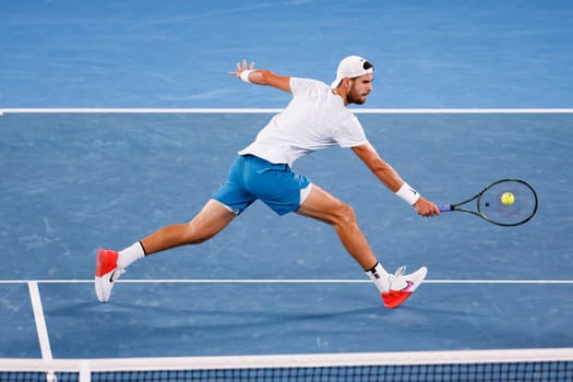 MELBOURNE, AUSTRALIA - JANUARY 24: Karen Khachanov of Russia in quarter final action against Sebastian Korda of USA on day 9 of the 2023 Australian Open at Melbourne Park on January 24, 2023 in Melbourne, Australia.