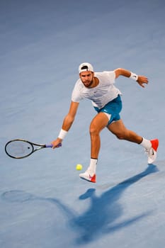 MELBOURNE, AUSTRALIA - JANUARY 24: Karen Khachanov of Russia in quarter final action against Sebastian Korda of USA on day 9 of the 2023 Australian Open at Melbourne Park on January 24, 2023 in Melbourne, Australia.