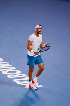 MELBOURNE, AUSTRALIA - JANUARY 24: Karen Khachanov of Russia in quarter final action against Sebastian Korda of USA on day 9 of the 2023 Australian Open at Melbourne Park on January 24, 2023 in Melbourne, Australia.