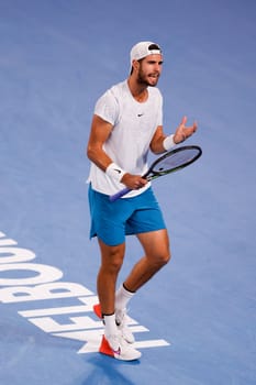 MELBOURNE, AUSTRALIA - JANUARY 24: Karen Khachanov of Russia in quarter final action against Sebastian Korda of USA on day 9 of the 2023 Australian Open at Melbourne Park on January 24, 2023 in Melbourne, Australia.