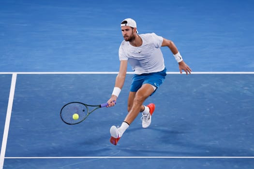 MELBOURNE, AUSTRALIA - JANUARY 24: Karen Khachanov of Russia in quarter final action against Sebastian Korda of USA on day 9 of the 2023 Australian Open at Melbourne Park on January 24, 2023 in Melbourne, Australia.