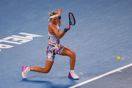 MELBOURNE, AUSTRALIA - JANUARY 24: Victoria Azarenka of Belarus in action against Jessica Pegula of USA in quarter final action on day 9 of the 2023 Australian Open at Melbourne Park on January 24, 2023 in Melbourne, Australia.