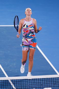 MELBOURNE, AUSTRALIA - JANUARY 24: Victoria Azarenka of Belarus in action against Jessica Pegula of USA in quarter final action on day 9 of the 2023 Australian Open at Melbourne Park on January 24, 2023 in Melbourne, Australia.