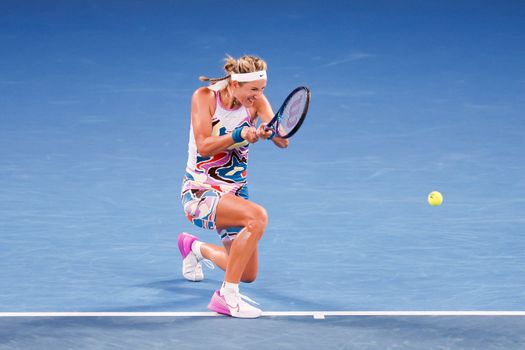 MELBOURNE, AUSTRALIA - JANUARY 24: Victoria Azarenka of Belarus in action against Jessica Pegula of USA in quarter final action on day 9 of the 2023 Australian Open at Melbourne Park on January 24, 2023 in Melbourne, Australia.