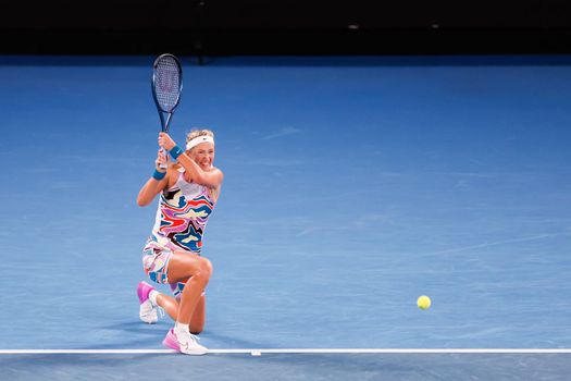 MELBOURNE, AUSTRALIA - JANUARY 24: Victoria Azarenka of Belarus in action against Jessica Pegula of USA in quarter final action on day 9 of the 2023 Australian Open at Melbourne Park on January 24, 2023 in Melbourne, Australia.