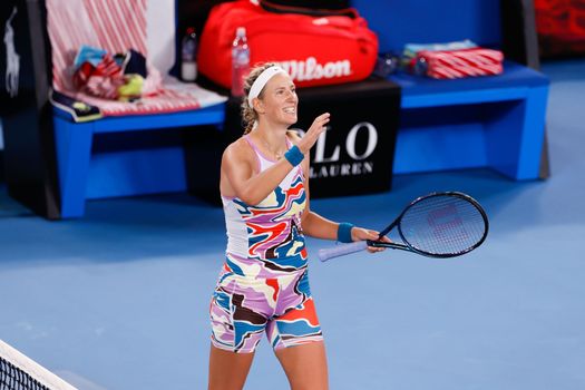 MELBOURNE, AUSTRALIA - JANUARY 24: Victoria Azarenka of Belarus in action against Jessica Pegula of USA in quarter final action on day 9 of the 2023 Australian Open at Melbourne Park on January 24, 2023 in Melbourne, Australia.