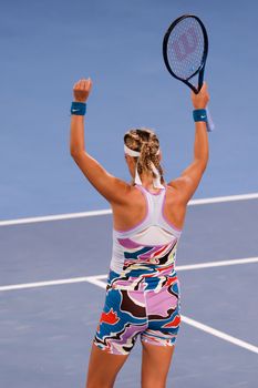 MELBOURNE, AUSTRALIA - JANUARY 24: Victoria Azarenka of Belarus in action against Jessica Pegula of USA in quarter final action on day 9 of the 2023 Australian Open at Melbourne Park on January 24, 2023 in Melbourne, Australia.