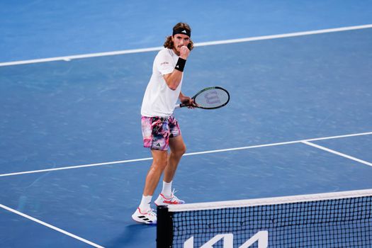 MELBOURNE, AUSTRALIA - JANUARY 24: Stefanos Tsitsipas of Greece plays Jiri Lehecka of Czech Republic in quarter final action on day 9 of the 2023 Australian Open at Melbourne Park on January 24, 2023 in Melbourne, Australia.