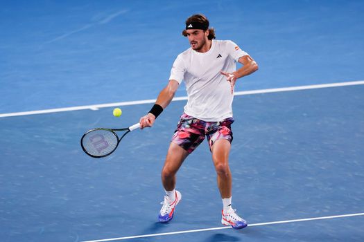 MELBOURNE, AUSTRALIA - JANUARY 24: Stefanos Tsitsipas of Greece plays Jiri Lehecka of Czech Republic in quarter final action on day 9 of the 2023 Australian Open at Melbourne Park on January 24, 2023 in Melbourne, Australia.