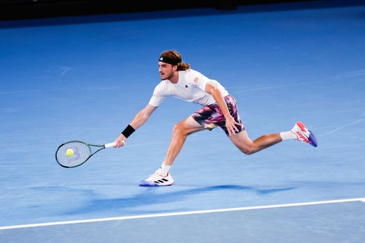 MELBOURNE, AUSTRALIA - JANUARY 24: Stefanos Tsitsipas of Greece plays Jiri Lehecka of Czech Republic in quarter final action on day 9 of the 2023 Australian Open at Melbourne Park on January 24, 2023 in Melbourne, Australia.