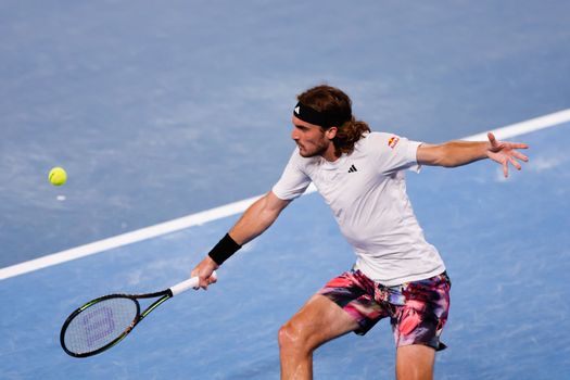 MELBOURNE, AUSTRALIA - JANUARY 24: Stefanos Tsitsipas of Greece plays Jiri Lehecka of Czech Republic in quarter final action on day 9 of the 2023 Australian Open at Melbourne Park on January 24, 2023 in Melbourne, Australia.