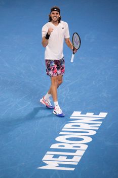MELBOURNE, AUSTRALIA - JANUARY 24: Stefanos Tsitsipas of Greece beats Jiri Lehecka of Czech Republic in quarter final action on day 9 of the 2023 Australian Open at Melbourne Park on January 24, 2023 in Melbourne, Australia.