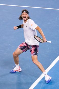 MELBOURNE, AUSTRALIA - JANUARY 24: Stefanos Tsitsipas of Greece beats Jiri Lehecka of Czech Republic in quarter final action on day 9 of the 2023 Australian Open at Melbourne Park on January 24, 2023 in Melbourne, Australia.