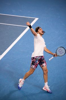 MELBOURNE, AUSTRALIA - JANUARY 24: Stefanos Tsitsipas of Greece beats Jiri Lehecka of Czech Republic in quarter final action on day 9 of the 2023 Australian Open at Melbourne Park on January 24, 2023 in Melbourne, Australia.