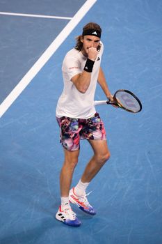 MELBOURNE, AUSTRALIA - JANUARY 24: Stefanos Tsitsipas of Greece beats Jiri Lehecka of Czech Republic in quarter final action on day 9 of the 2023 Australian Open at Melbourne Park on January 24, 2023 in Melbourne, Australia.