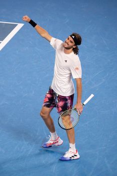 MELBOURNE, AUSTRALIA - JANUARY 24: Stefanos Tsitsipas of Greece beats Jiri Lehecka of Czech Republic in quarter final action on day 9 of the 2023 Australian Open at Melbourne Park on January 24, 2023 in Melbourne, Australia.