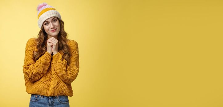 Touched charming cute silly young girl make flirty gazes camera press palms together checking out something moving cute, tilting head seeing adorable kitten, smiling delighted yellow background.