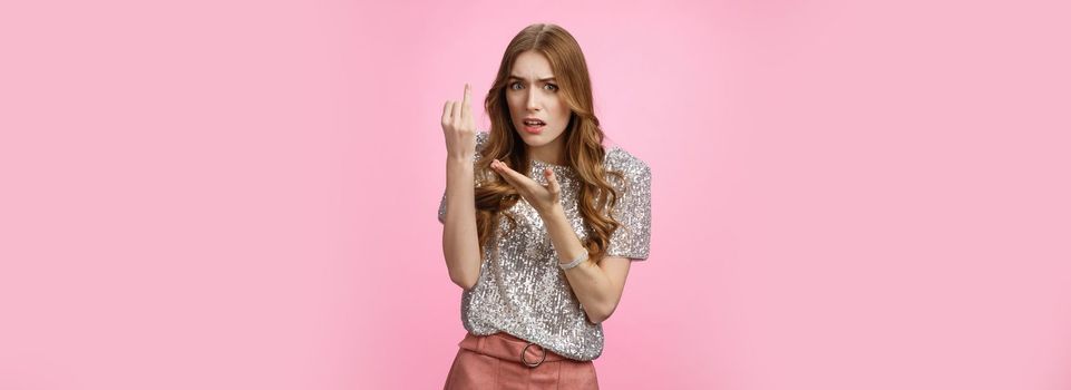 Glamour pissed girlfriend arguing boyfriend questioned bothered when wedding showing ring finger frustrated upset man commitment issues, wanna marry, ask when become bride, standing pink background.