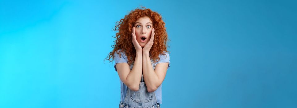 Amazed gasping shocked wondered redhead attractive curly girl popping eyes stare camera drop jaw concerned astonished touch cheeks empathy amazement standing blue background. Emotions concept