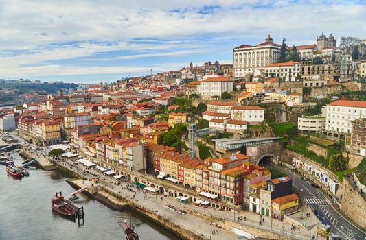 Porto, Portugal - 12.25.2022: Aerial view of the old ribeira area in Porto. High quality photo