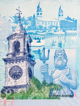 Dockyard Clock Tower and statue of Neptune from Bermudian money - dollar