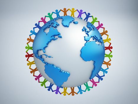 Colorful paper cut figures holding hands around the earth. Diversity and friendship concept. 3D illustration.