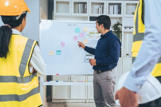 A team of investor and competent engineers brainstorming on the whiteboard to find new ideas and making plans. The idea of a team gather ideas together.